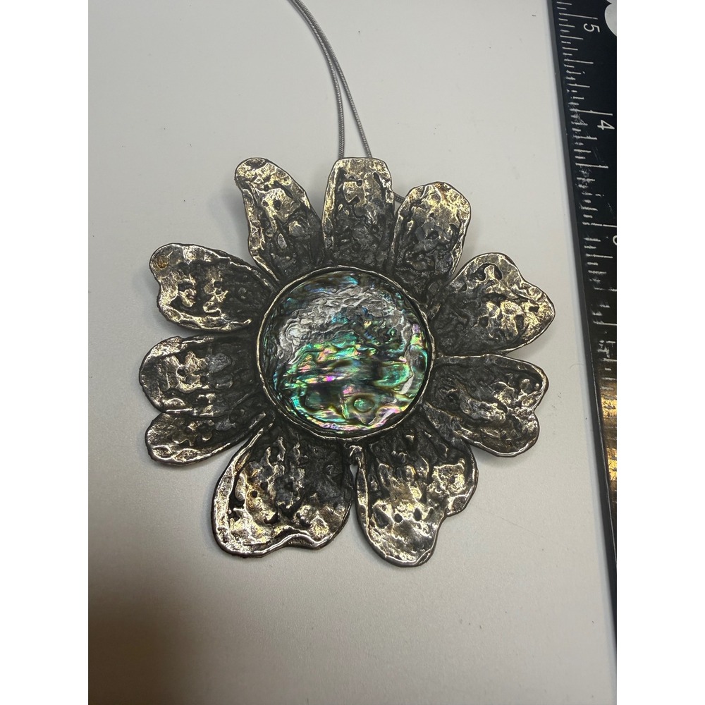 Artisan Hammered Metal Sunflower Abalone Shell Statement Necklace Silver Tone